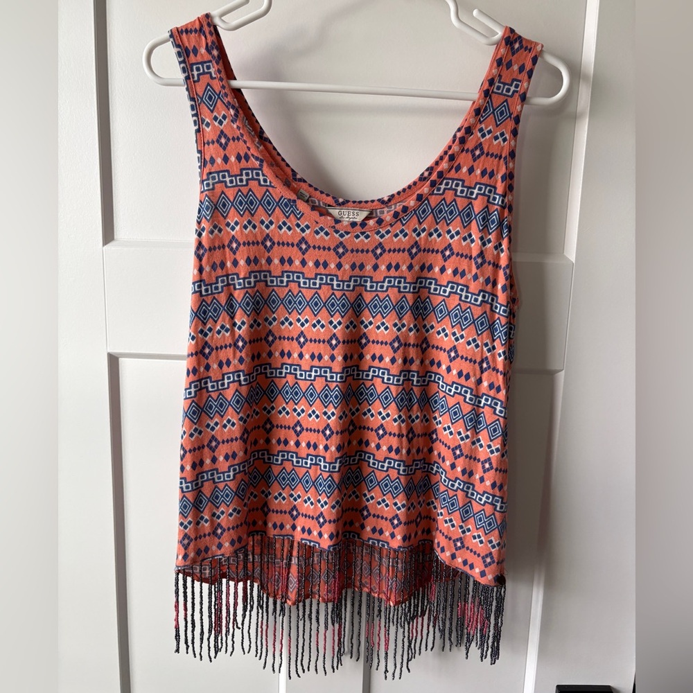 Guess Women’s cotton/modal boho beaded orange and blue tank top Small